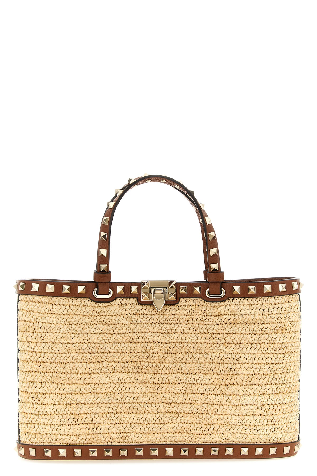 small rockstud shopping bag in natural woven raffia