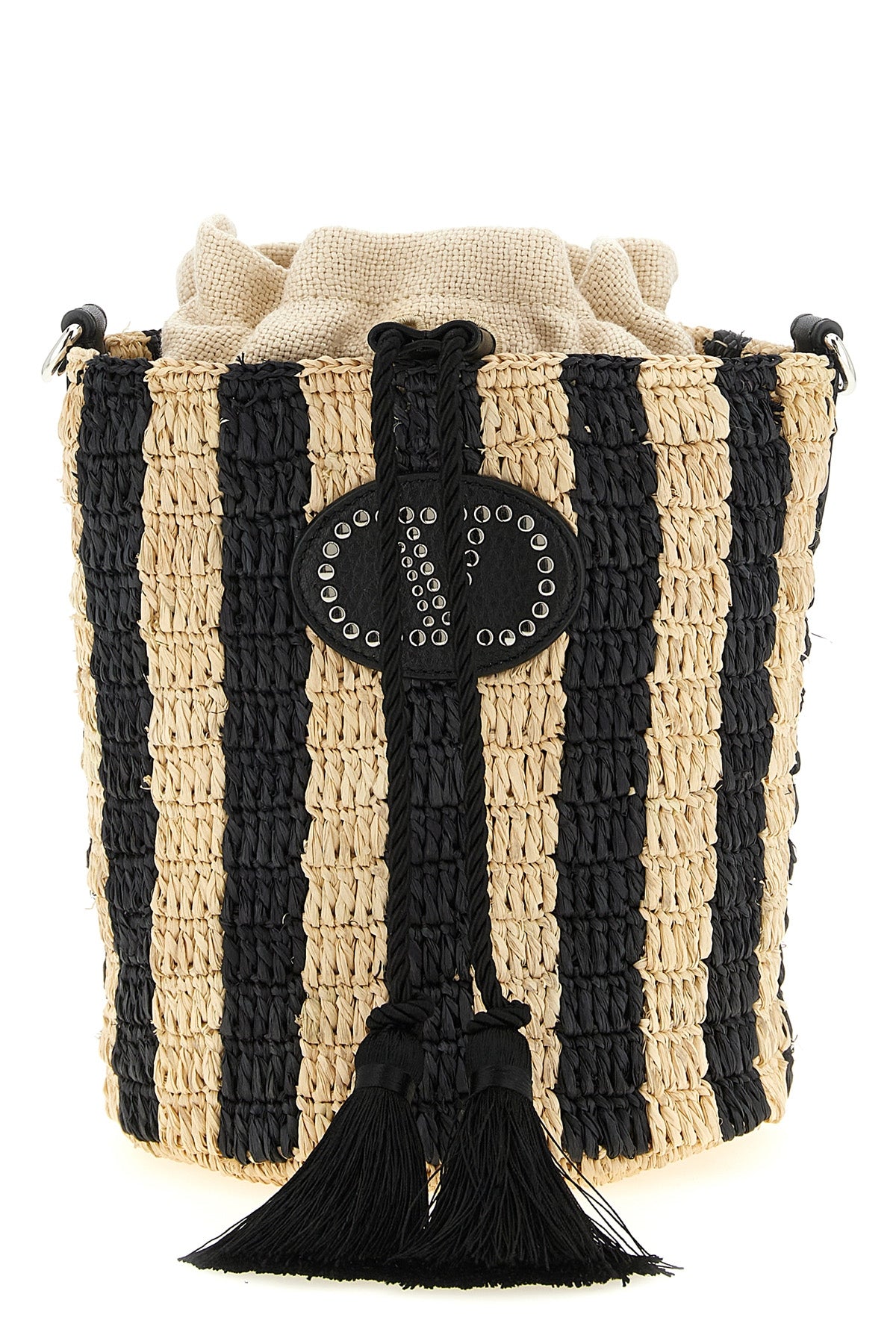small bucket bag in hand-woven natural raffia