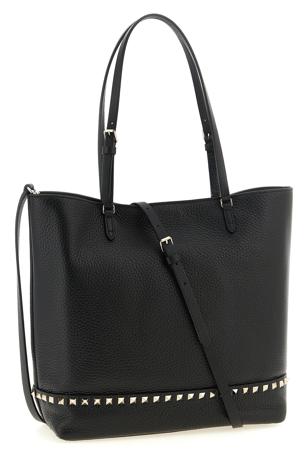 the valentino garavani rockstud medium tote bag in black elk print calf leather