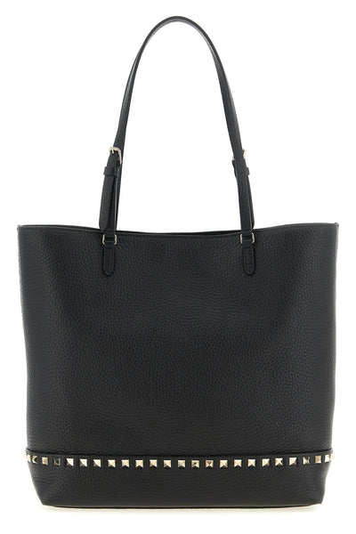 the valentino garavani rockstud medium tote bag in black elk print calf leather