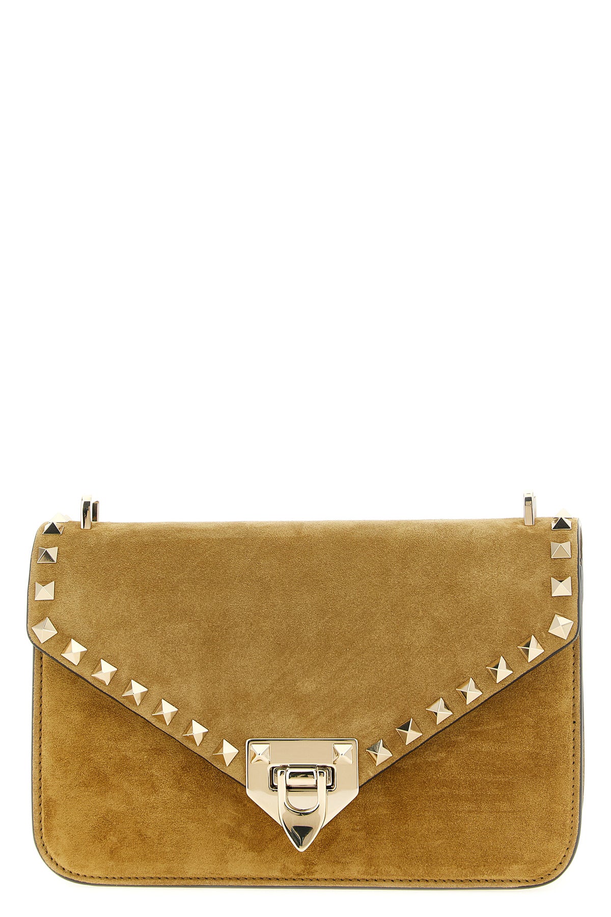the valentino garavani rockstud small shoulder bag in beige suede stands out f