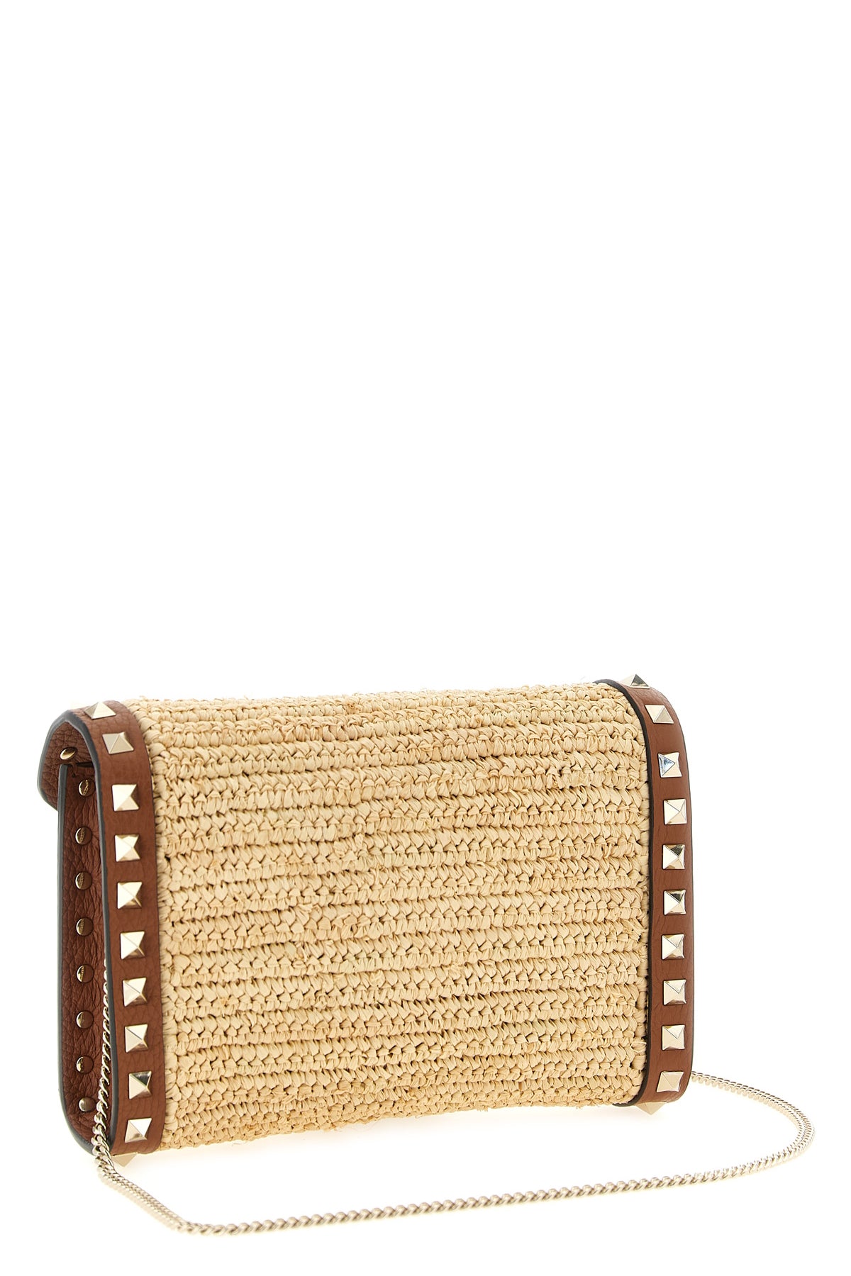 rockstud mini crossbody bag in woven natural raffia