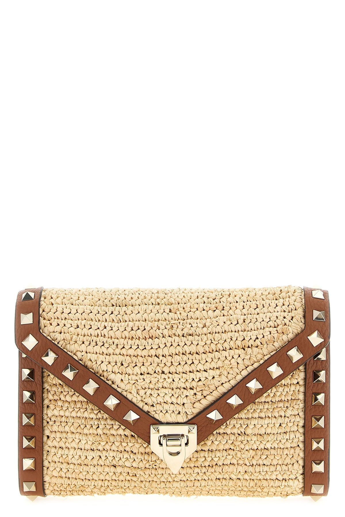 rockstud mini crossbody bag in woven natural raffia