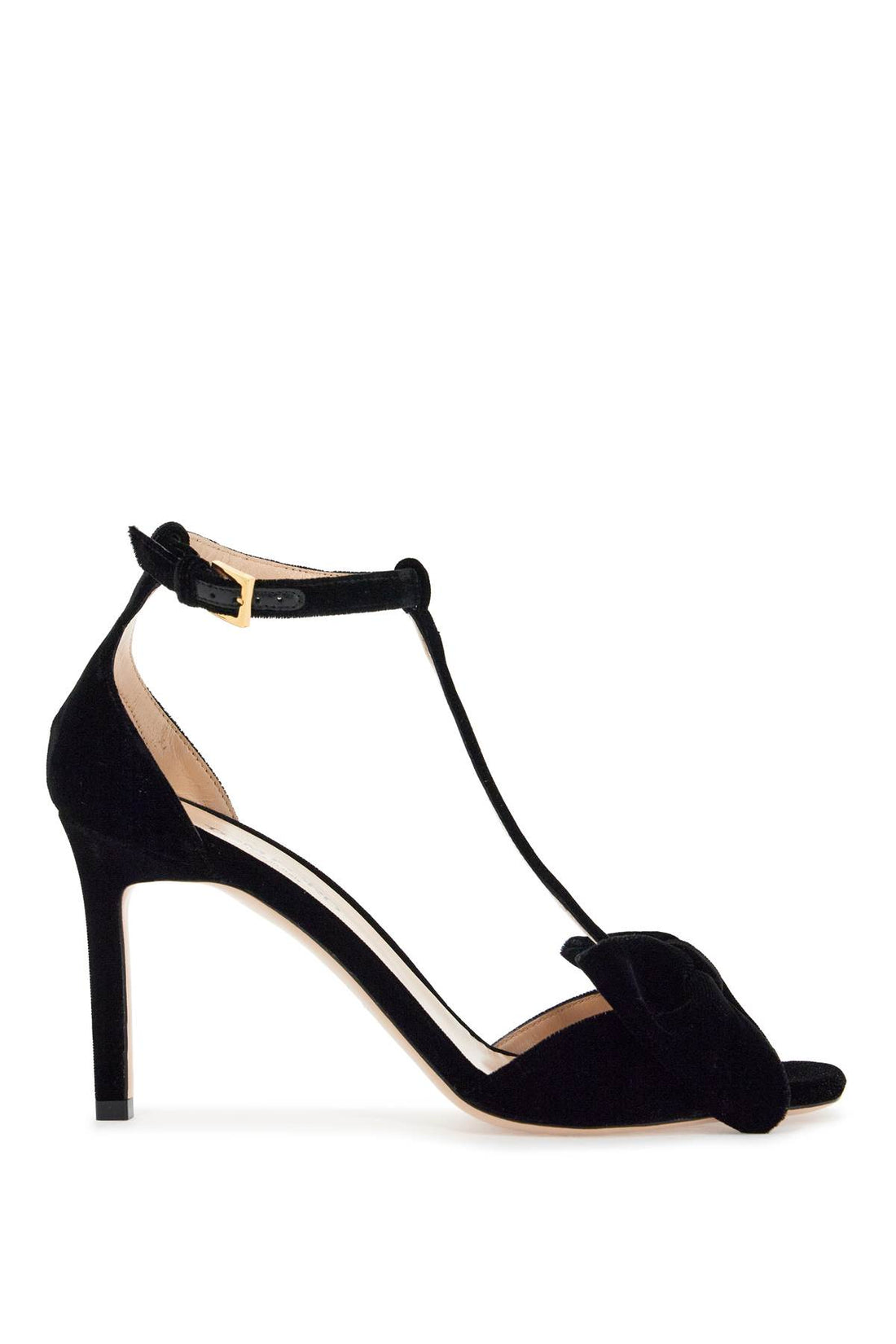 black medium heeled viscose sandals with golden buckle