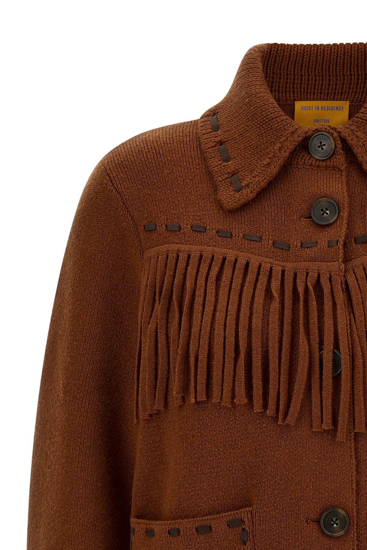 the guest in residence western fringe knitted jacket redefines frontier codes