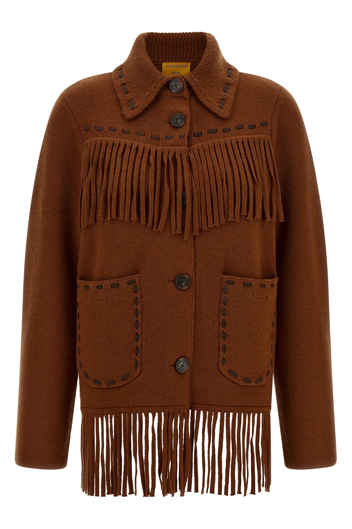 the guest in residence western fringe knitted jacket redefines frontier codes