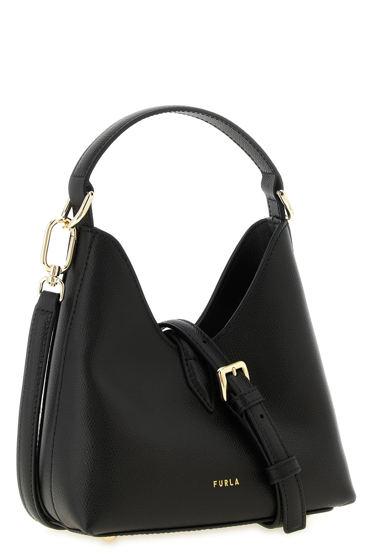 the furla iride mini handbag is made of textured black calf leather
