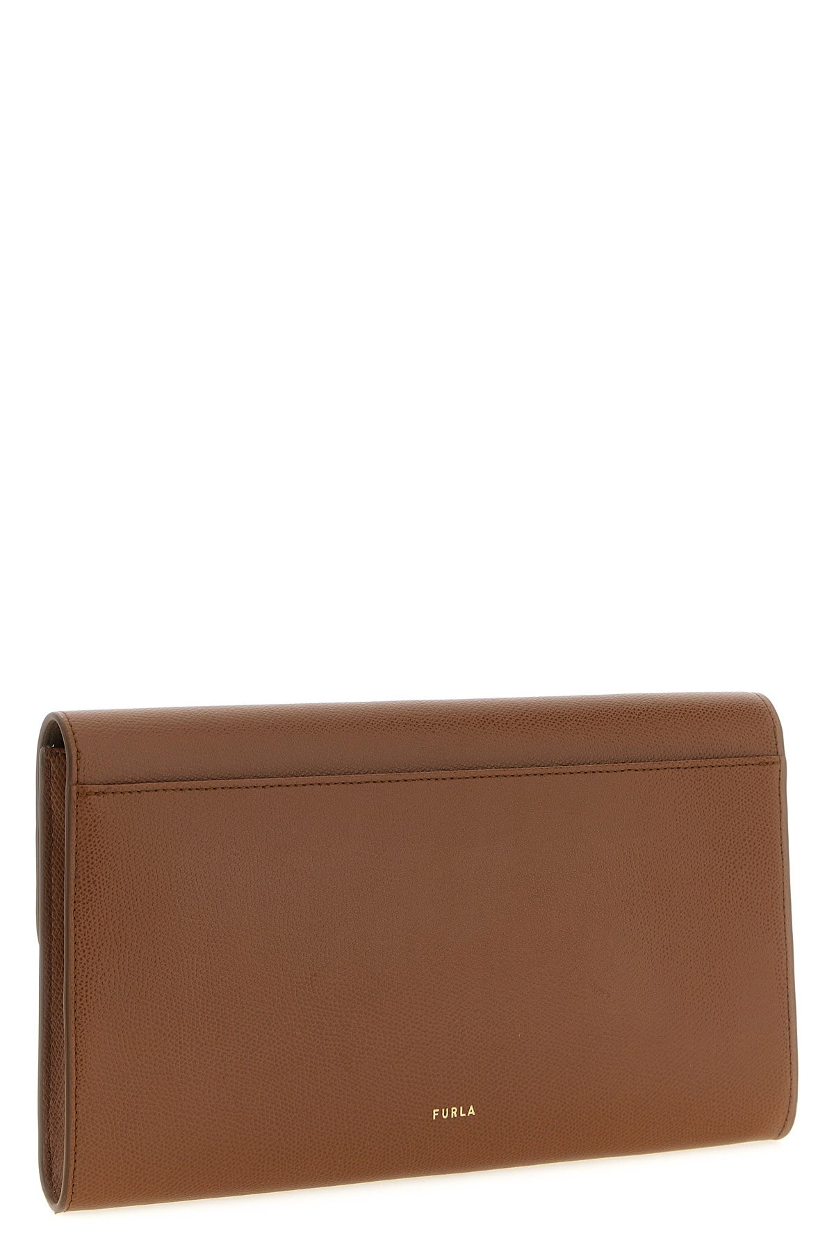 the furla iride clutch in fine brown printed calf leather features a rectangul