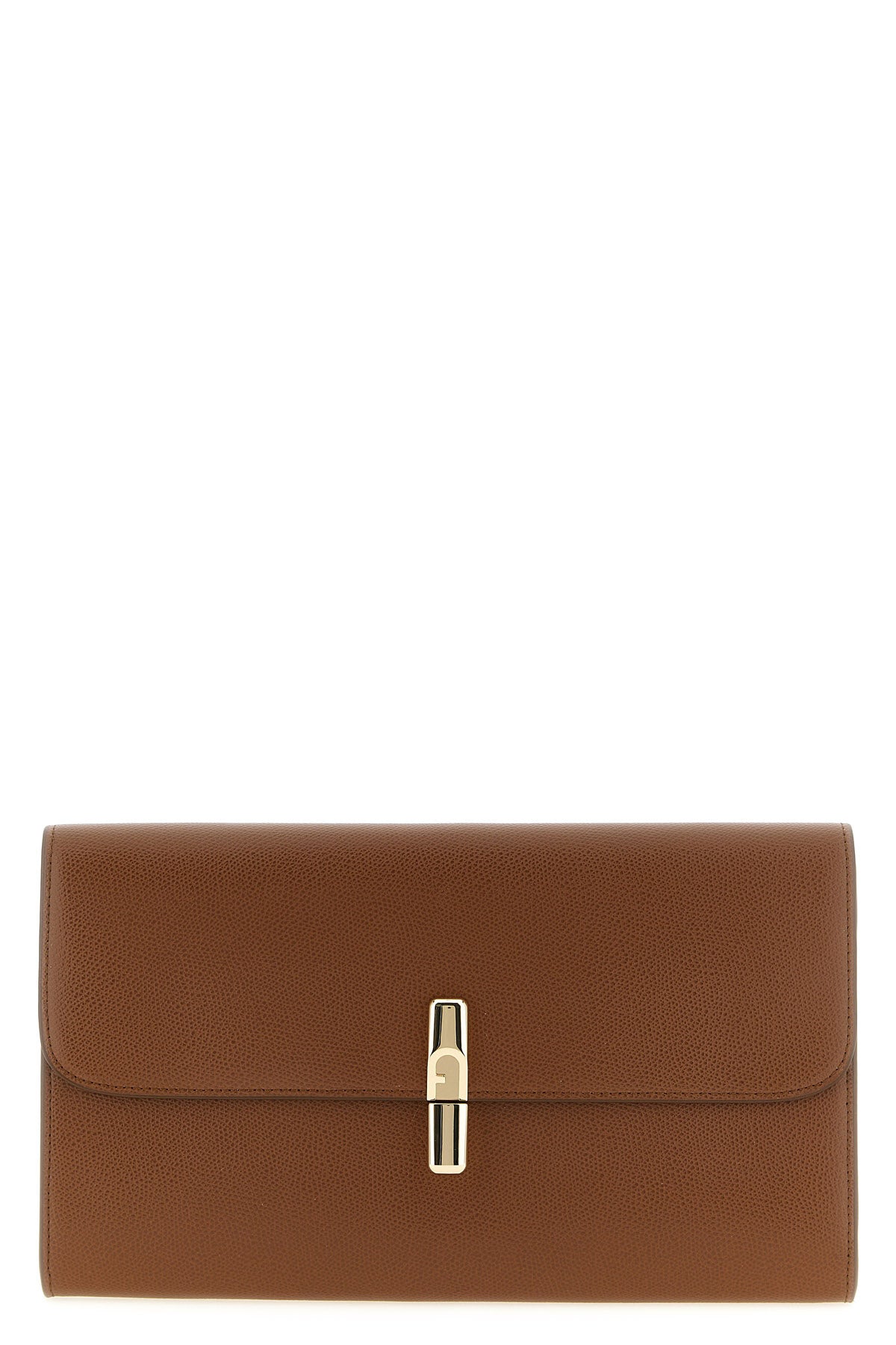 the furla iride clutch in fine brown printed calf leather features a rectangul