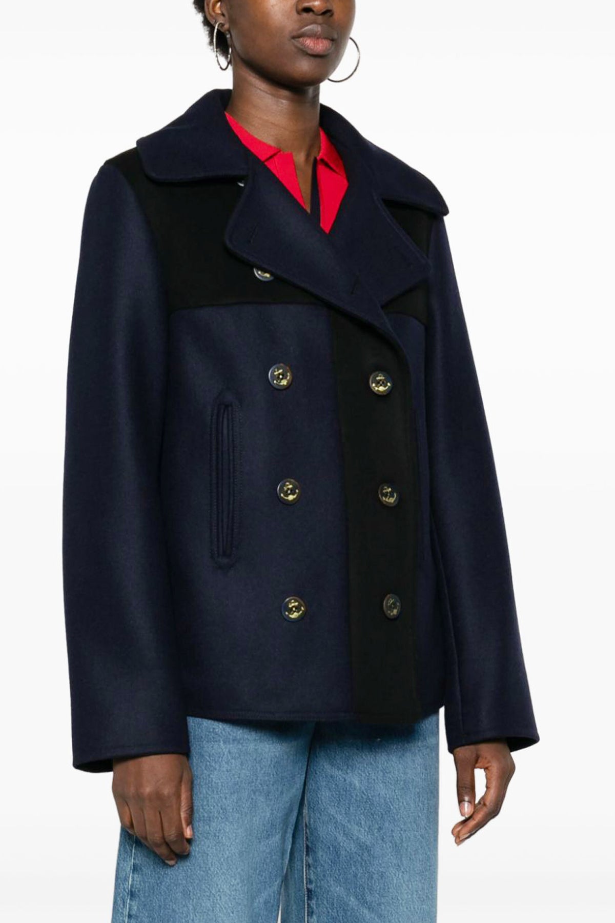 frida double-breasted coat in two-tone black and blue wool blend