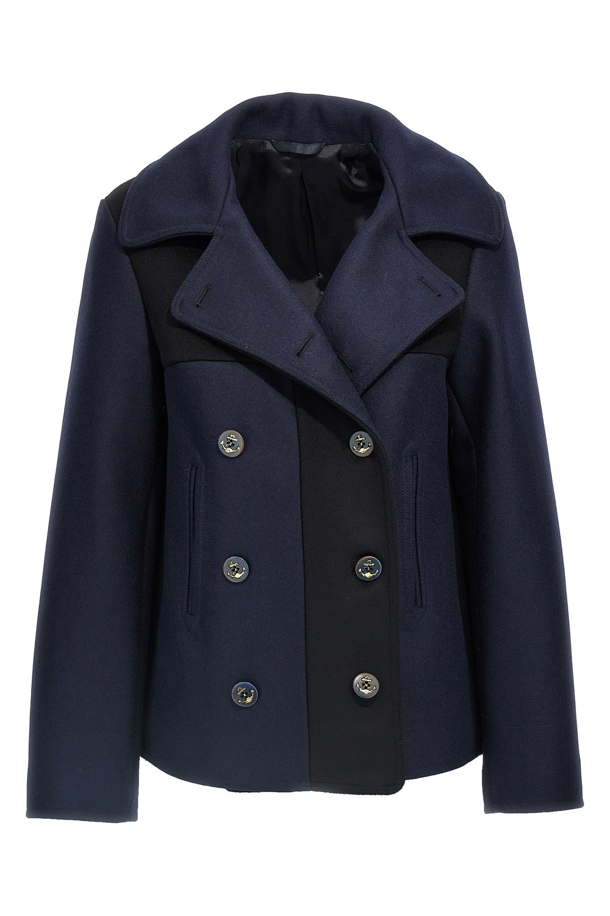 frida double-breasted coat in two-tone black and blue wool blend