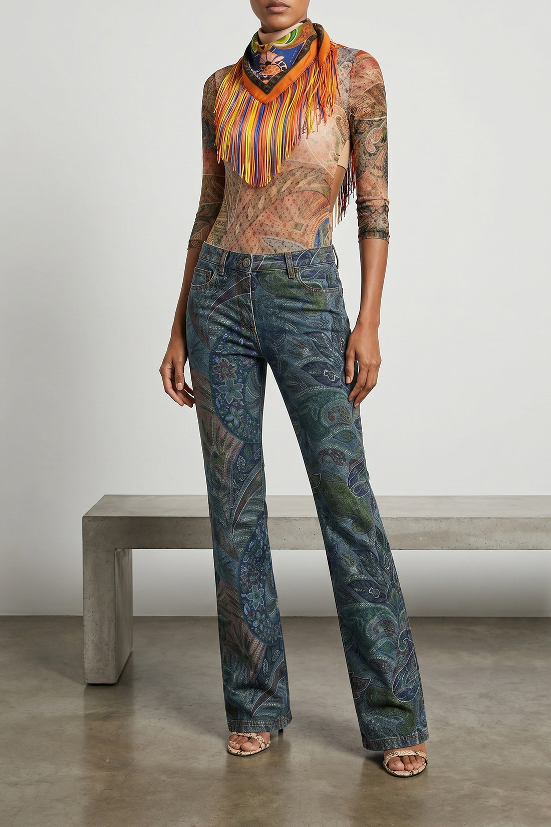ETRO 38 paisley foliage and floral print tulle bodysuit