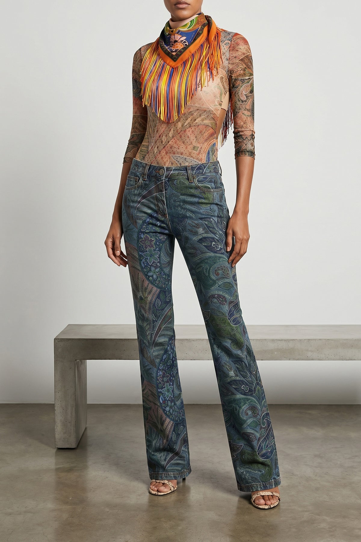 paisley foliage and floral print tulle bodysuit