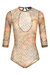 paisley foliage and floral print tulle bodysuit