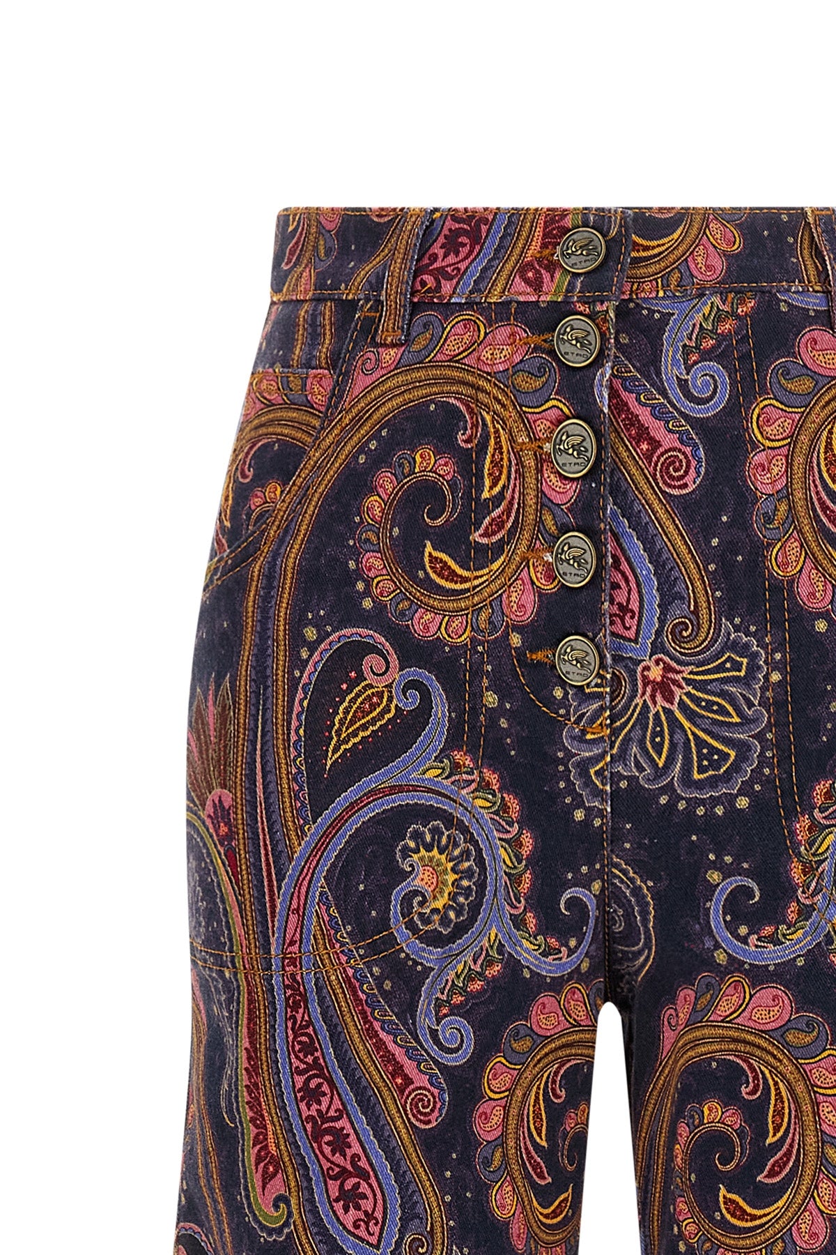 the flared jeans etro redefine the classic silhouette through a structured cotto