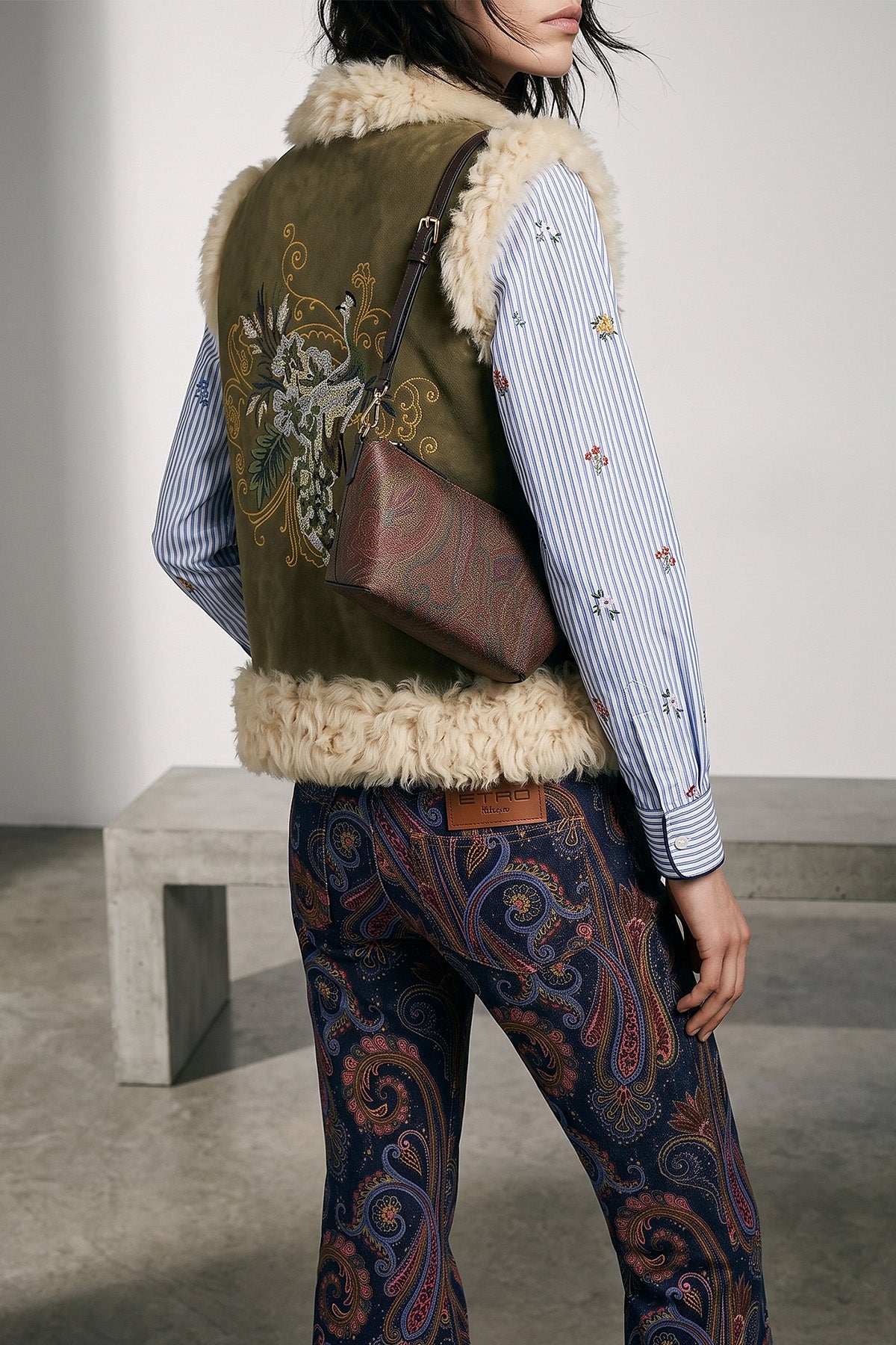 the etro vest in fine shearling stands out for its sartorial construction that e