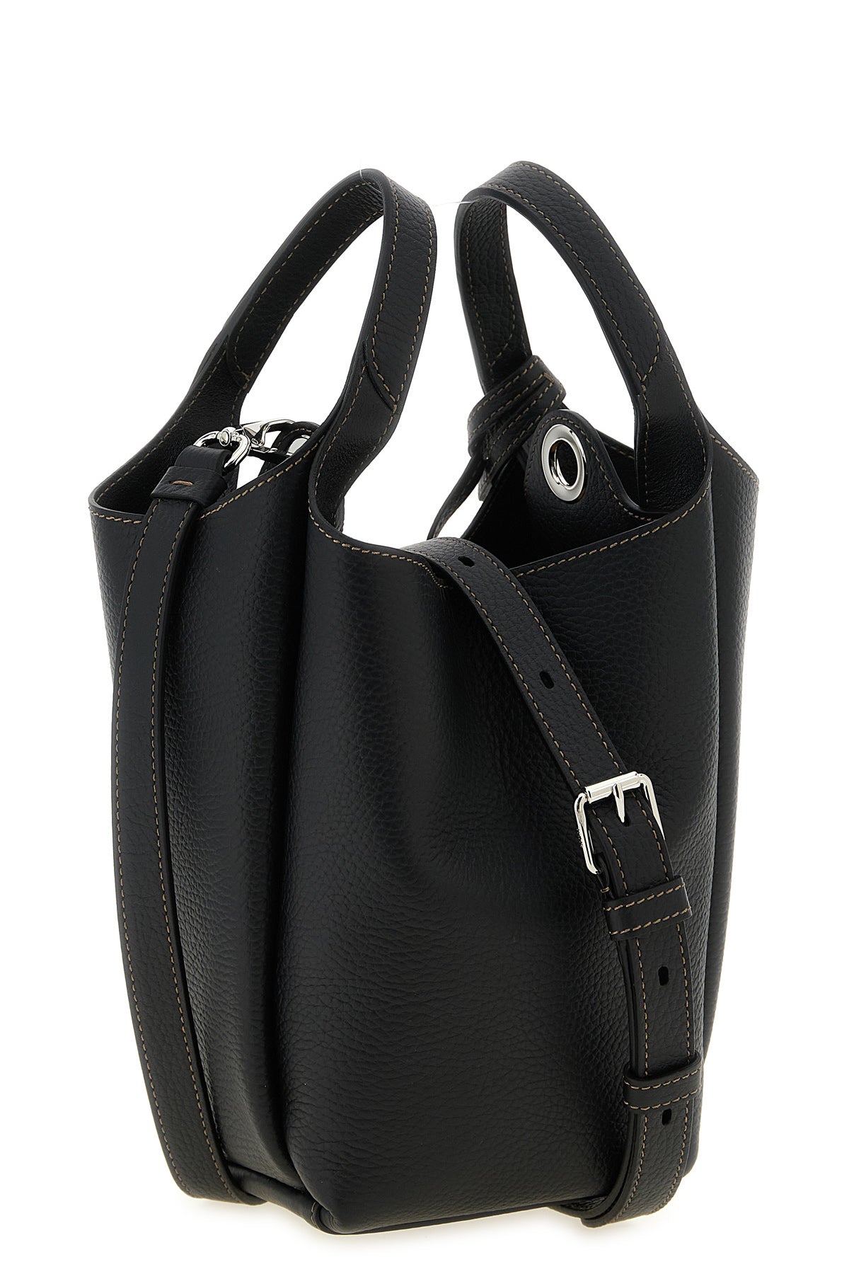 the tods mini bucket bag is made of fine black hammered calf leather
