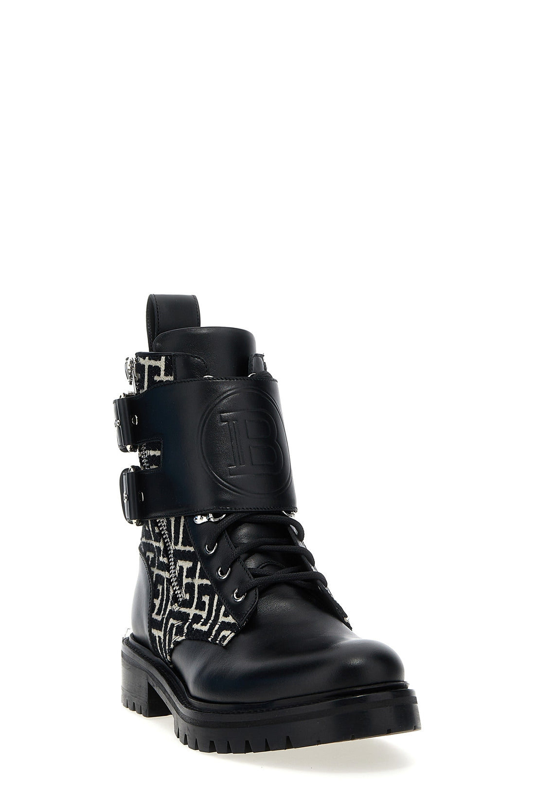 BALMAIN 40 ranger leather and jacquard fabric ankle boots