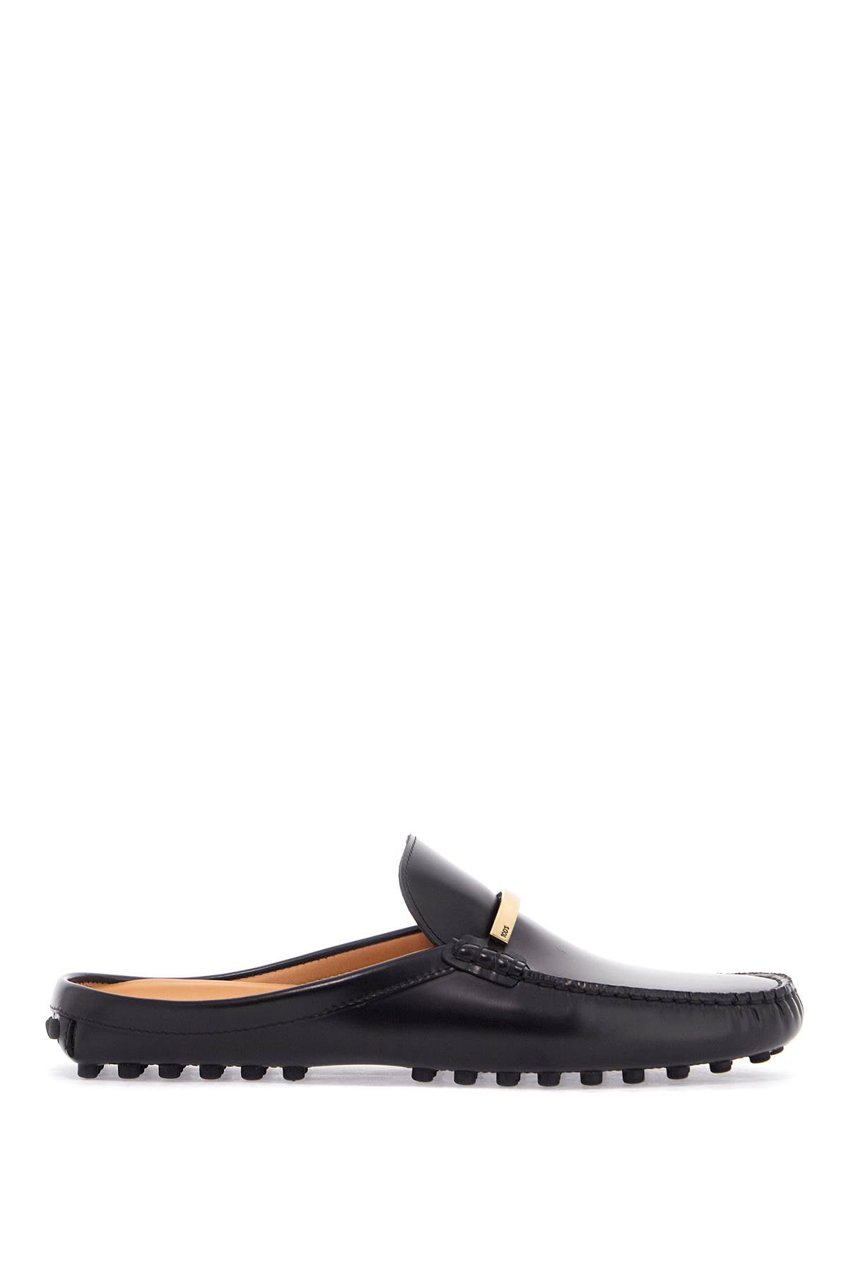 black calfskin slip-on loafers with metallic strap and rubber sole