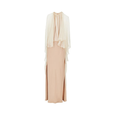 enver satin long dress with chiffon cape