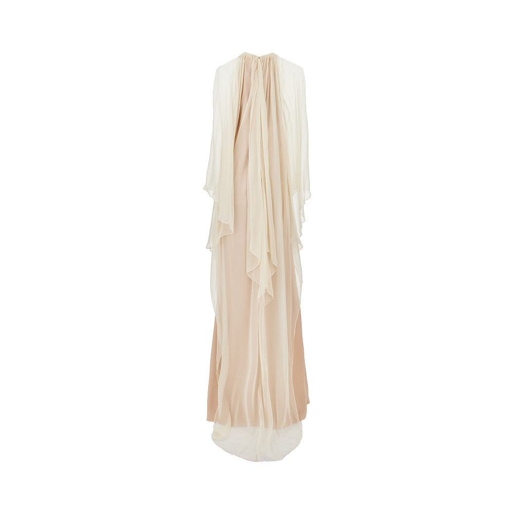 enver satin long dress with chiffon cape