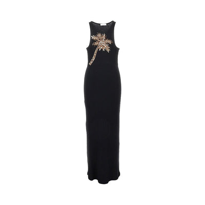 palm tree embroidery ribbed long dress