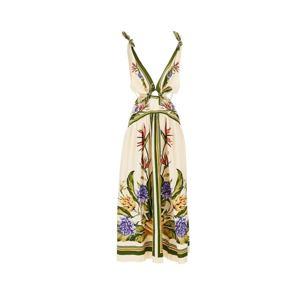 tropical scarf print linen-blend dress
