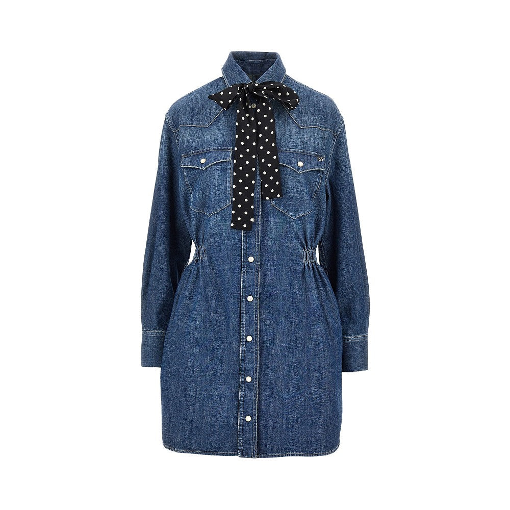 denim mini dress with silk bow