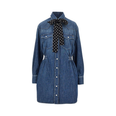 denim mini dress with silk bow