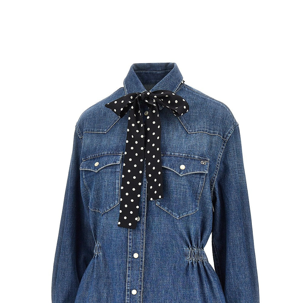 denim mini dress with silk bow