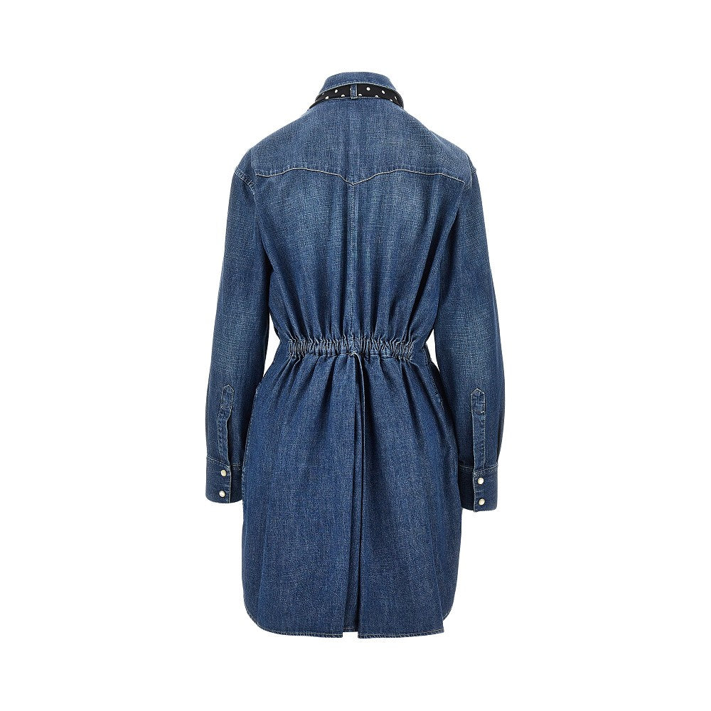 denim mini dress with silk bow