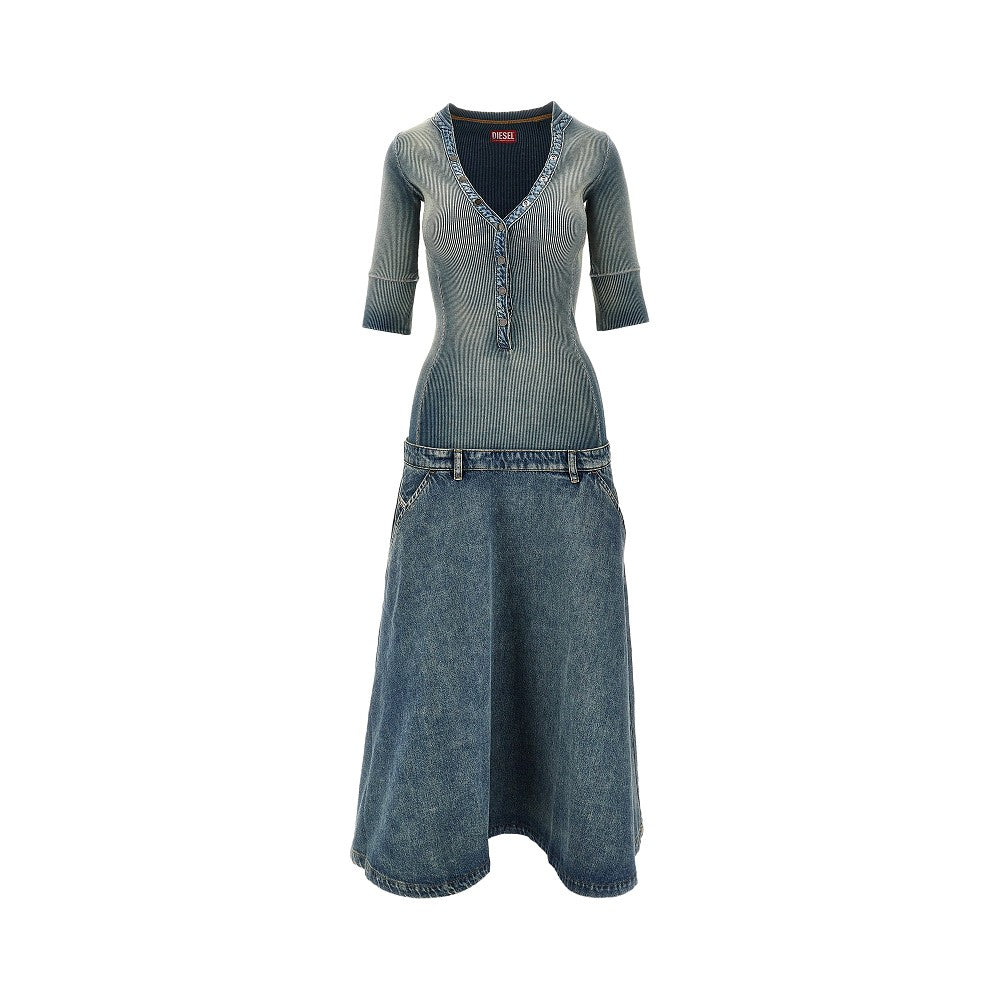 denim and ribbed knit low-rise midi dress