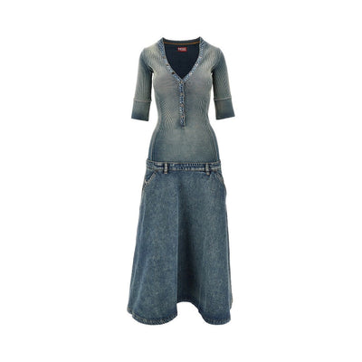 denim and ribbed knit low-rise midi dress