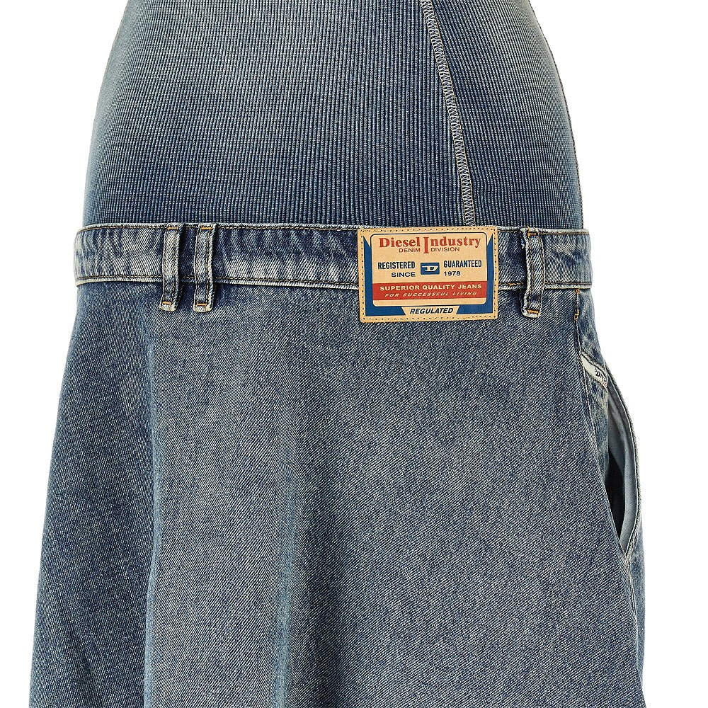 denim and ribbed knit low-rise midi dress