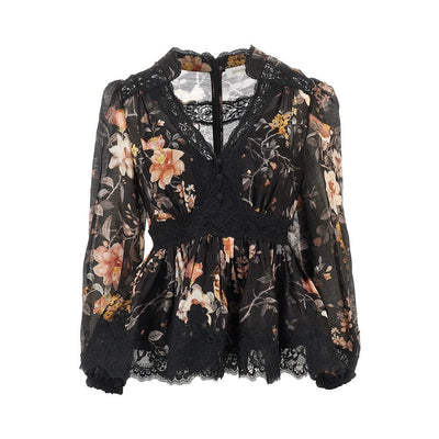linen and silk carousel blouse with lace