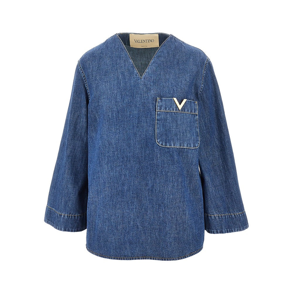 denim blouse with v gold detail