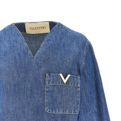 VALENTINO 40 denim blouse with v gold detail