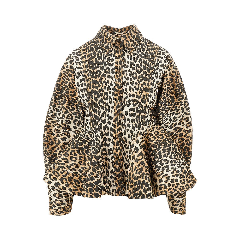 GANNI 40 leopard cotton peplum shirt