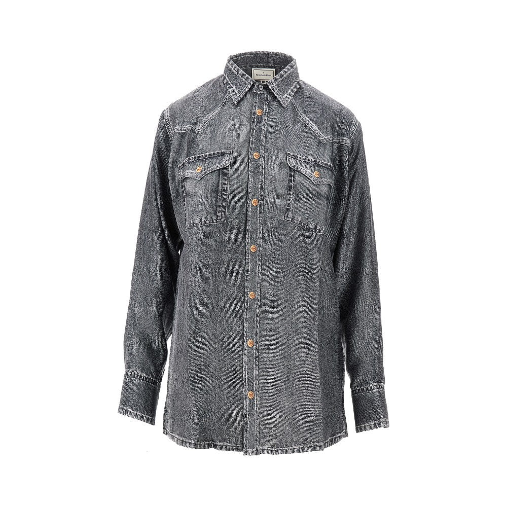 denim print silk shirt
