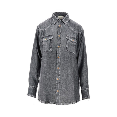 denim print silk shirt