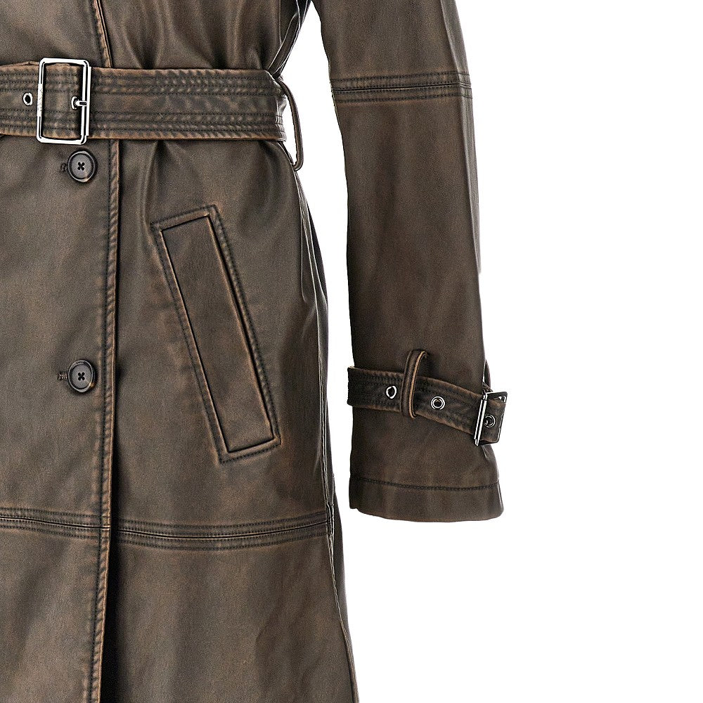 vintage effect faux leather trench coat