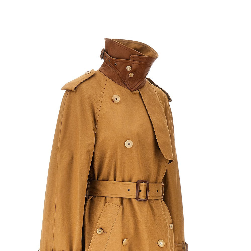 gabardine trench coat with leather details