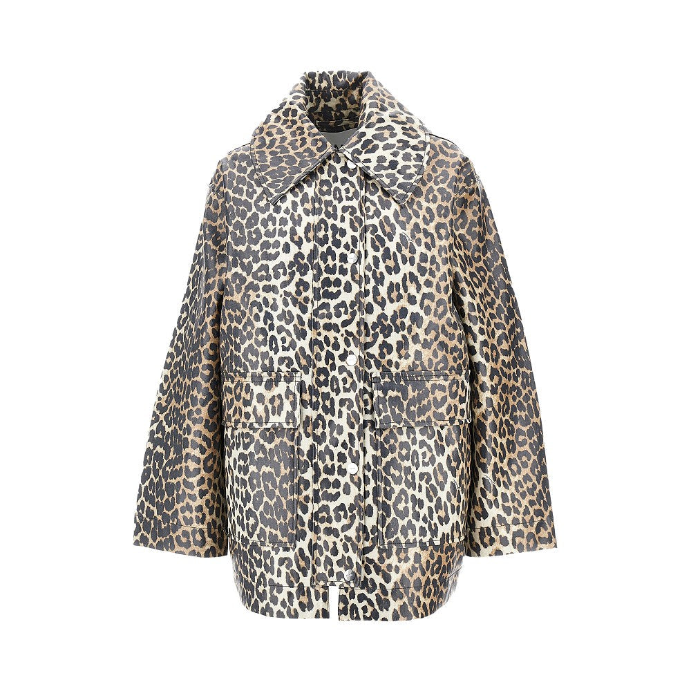 coated fabric jacket with leopard-print