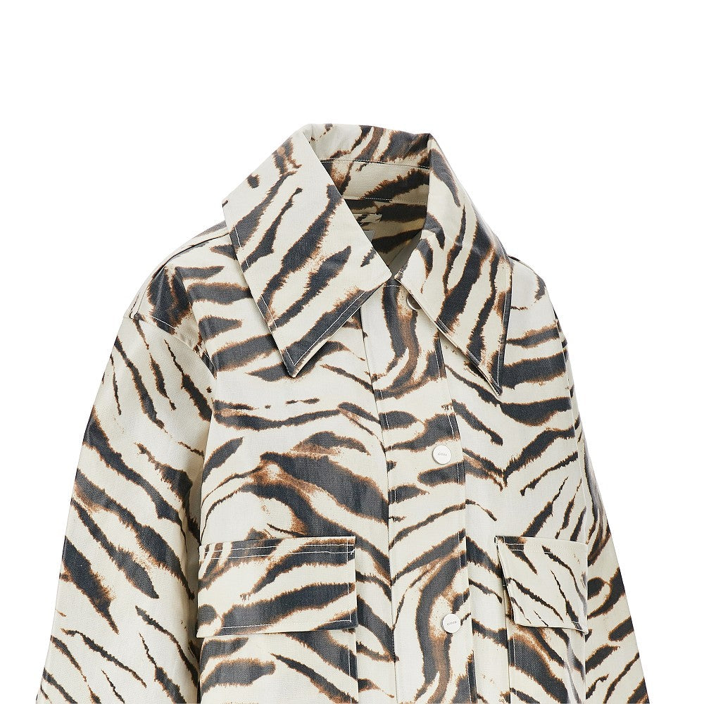 coated fabric jacket with zebra-striped print