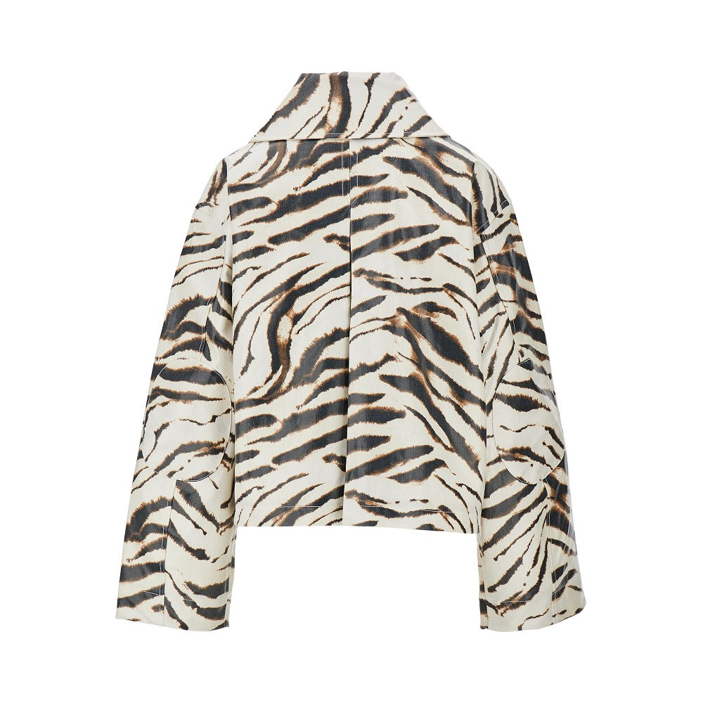 coated fabric jacket with zebra-striped print