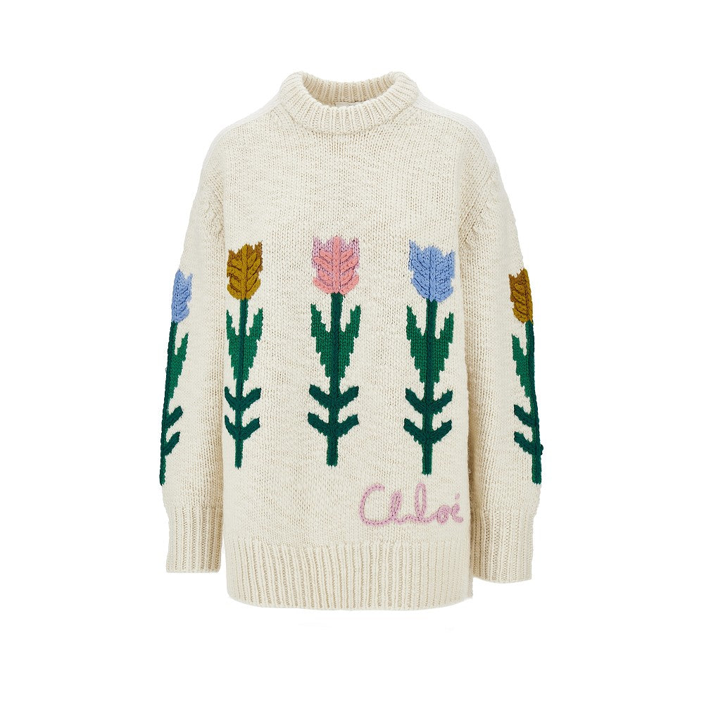 flowers intarsia oversized wool sweater