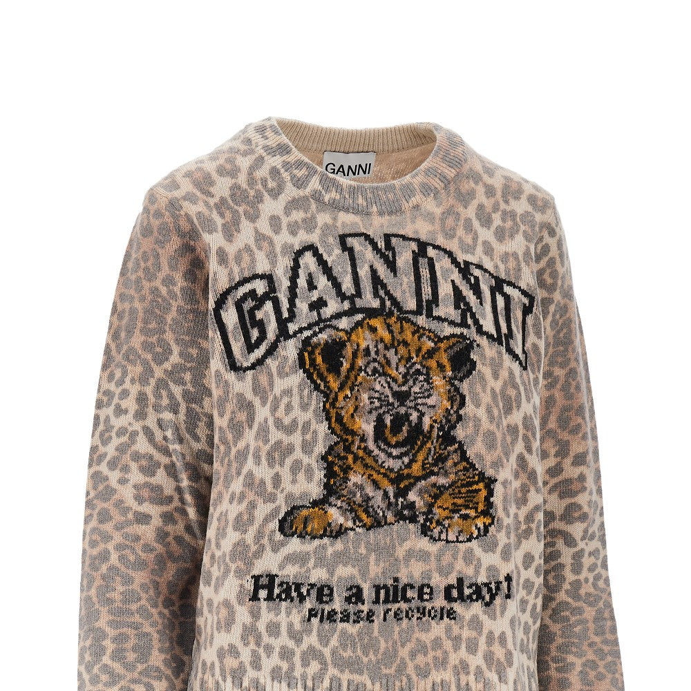 GANNI XS wool-blend sweater with leopard motif