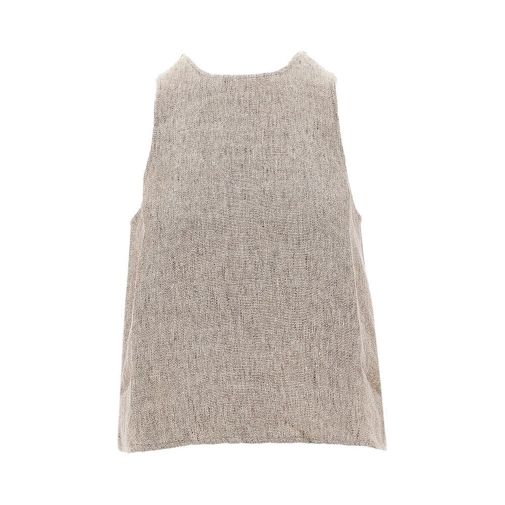linen top with faux leather detail