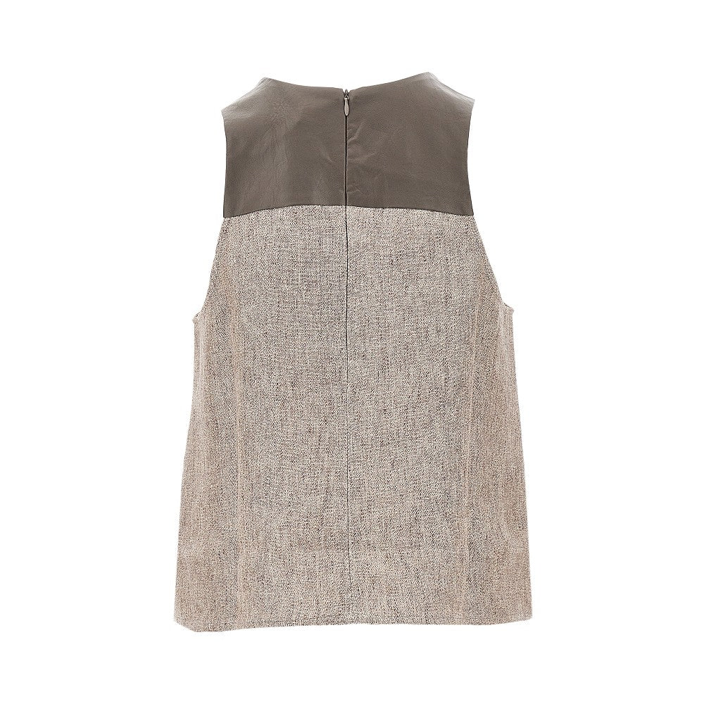 linen top with faux leather detail
