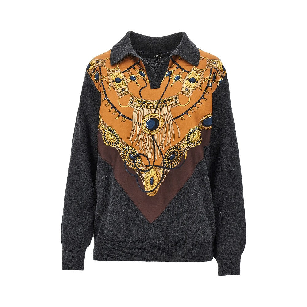 wool sweater with printed silk intarsia